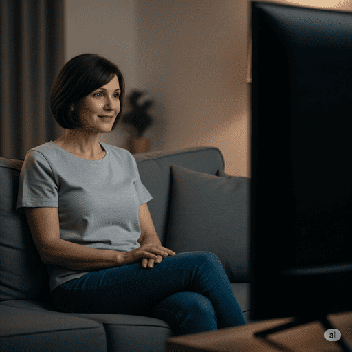 ソファーに座ってテレビを見る女性の画像