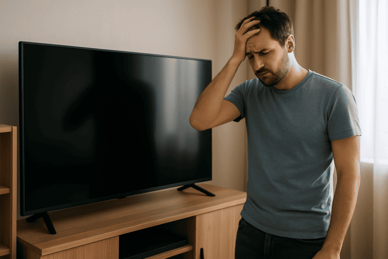 テレビを前に頭を抱える男性の画像