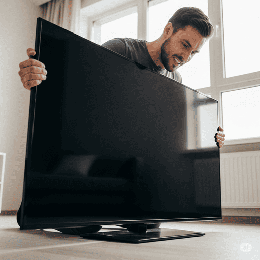 65インチテレビを持ち上げようとする男性の画像
