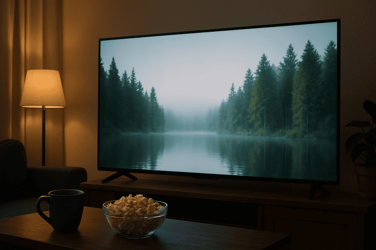 暗い部屋で65インチテレビで映画館の様に映像を視聴するイメージ画