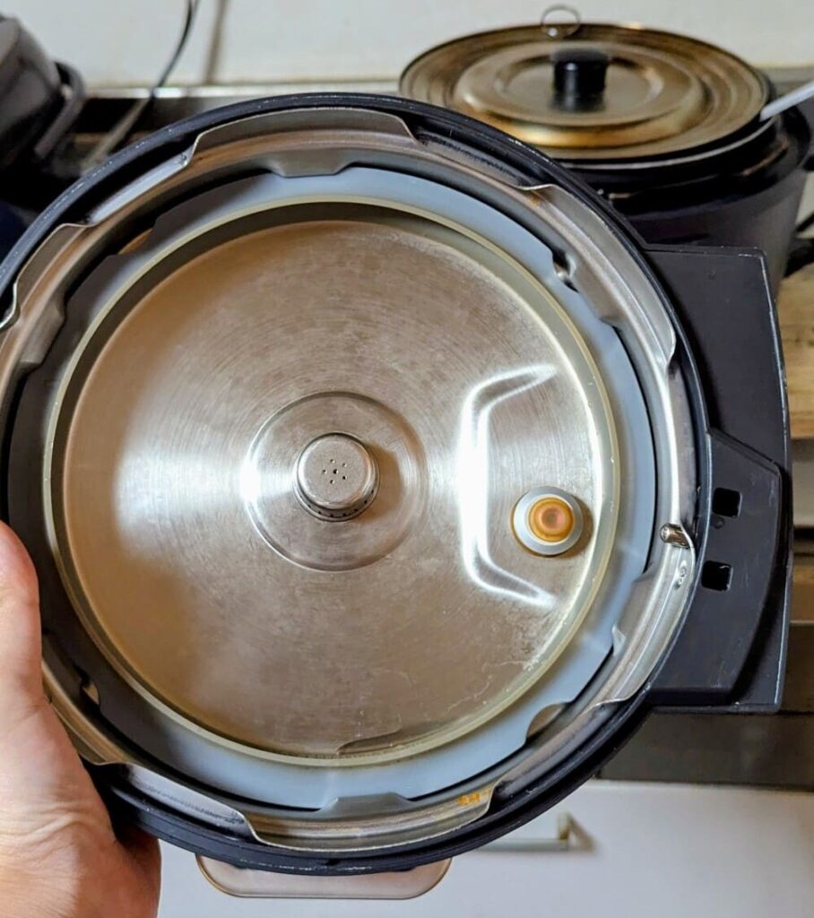 アイリスオーヤマの電気圧力鍋の蓋を手に持っている画像
