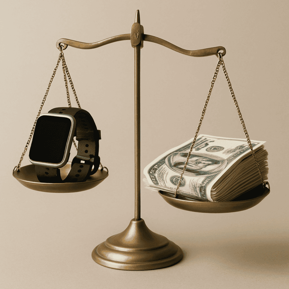 スマートウォッチとお金が天秤にかけられている画像