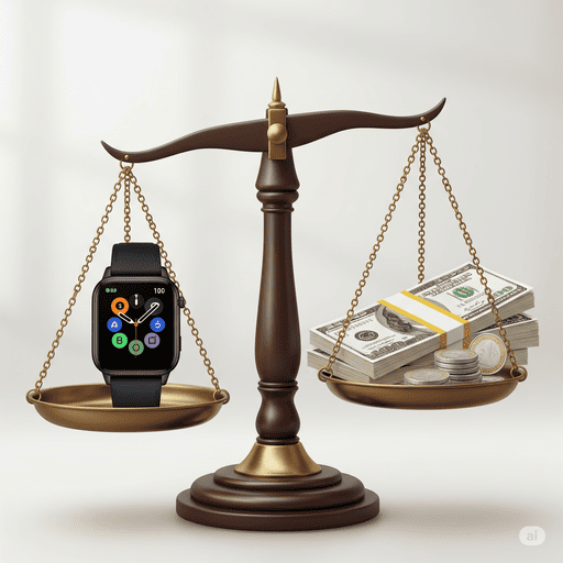お金とスマートウォッチが並べられ、天秤にかけられている画像